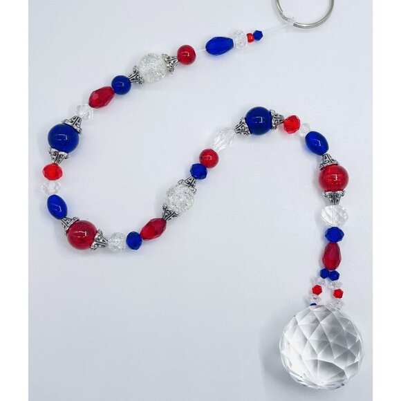 Beaded Suncatcher Red Blue Clear Crystal Prism Hanging Patio Decor Yard Art Tree - Picture 2 of 10
